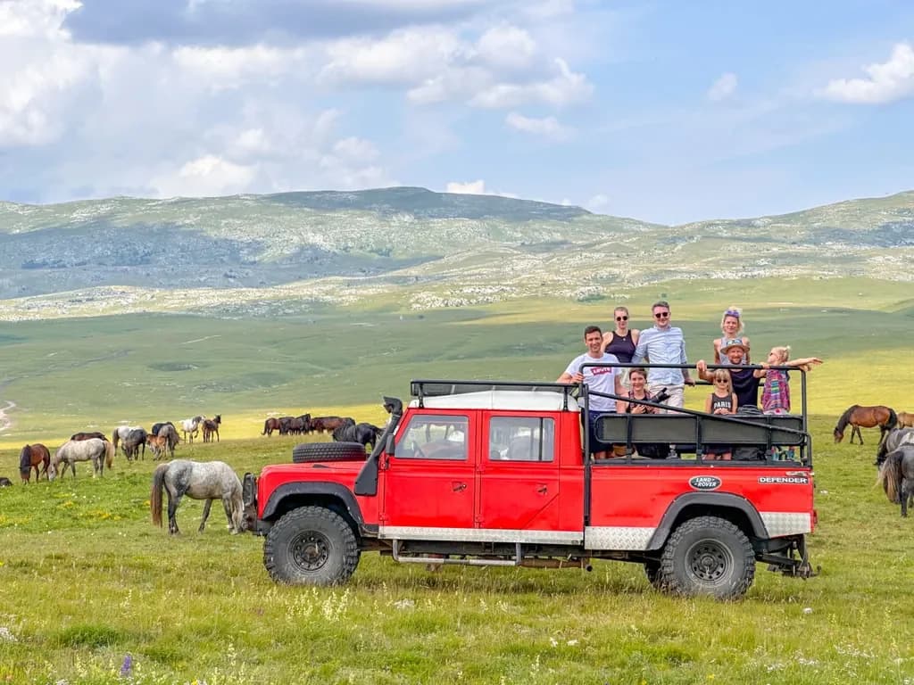 Visitors standing in a red safari vehicle among horses on an open plateau.