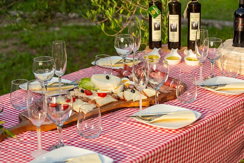 Cheese, cured meat, bread and glasses arranged on a picnic table in an olive grove.