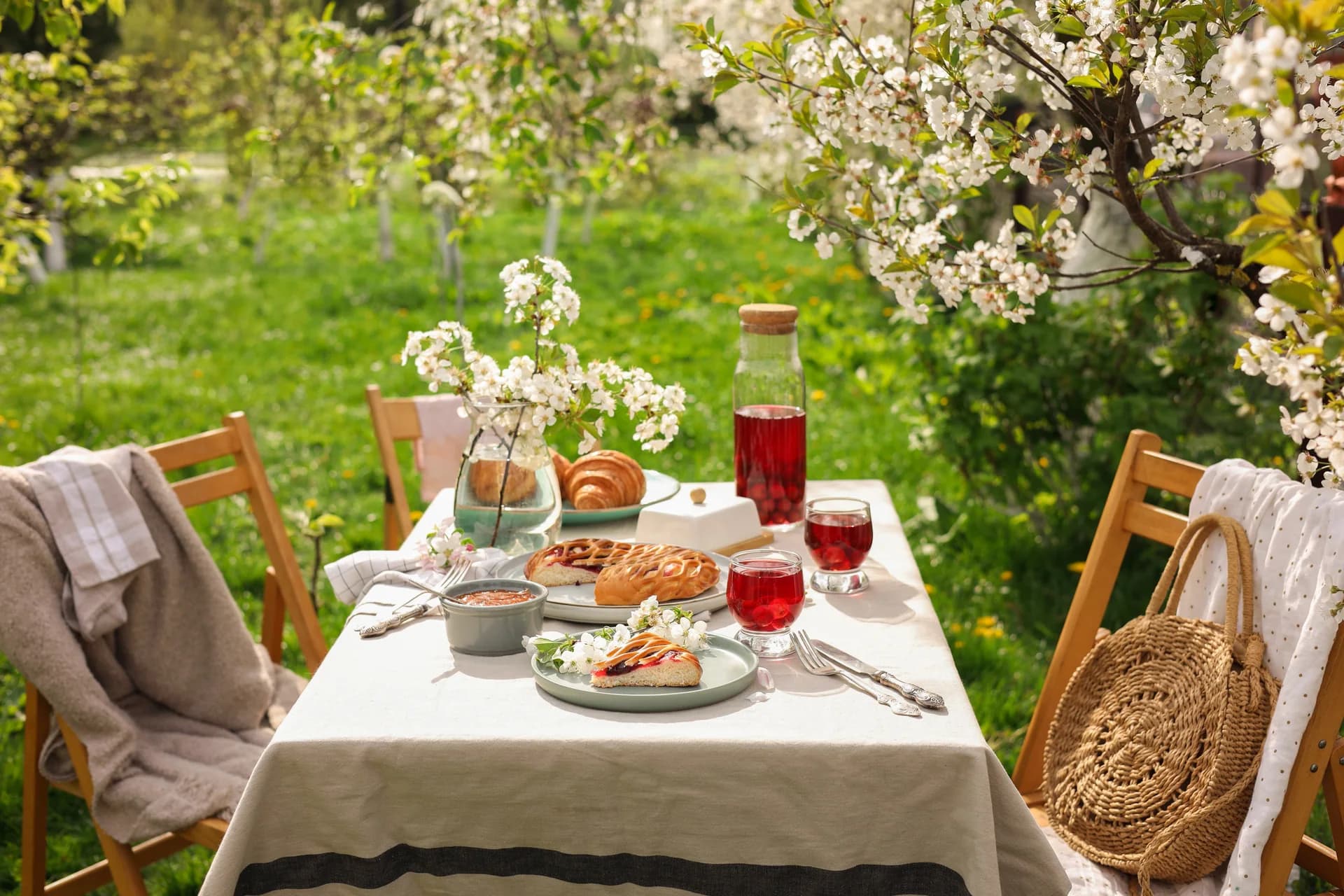 A table set for an outdoor meal beneath flowering branches.